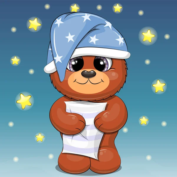 Yastıklı, gece şapkalı şirin çizgi film ayısı. Koyu mavi arka planda yıldızlı bir hayvanın vektör çizimi.