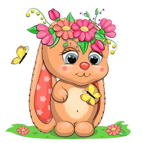 Schattig Cartoon Baby Konijn Met Bloemen Vlinders Vector Illustratie Van — Stockvector