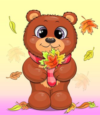 Kırmızı eşarplı şirin çizgi film ayısı sonbahar yapraklarını tutuyor. Sonbahar arka planında hayvanın vektör illüstrasyonu. 