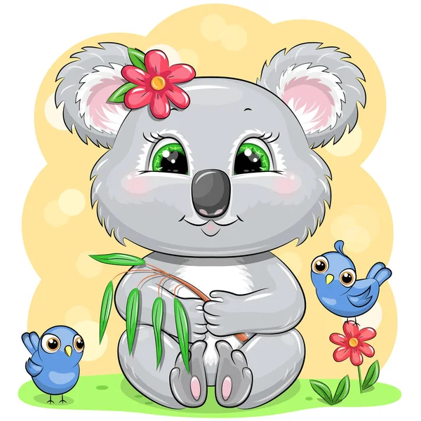 Cute Cartoon Baby Koala Flower Birds Vector Illustration Animal Yellow — Stock Vector