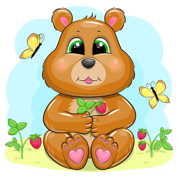 Urso Desenho Animado Bonito Com Bagas Borboletas Ilustração Vetorial Animal —  Vetores de Stock