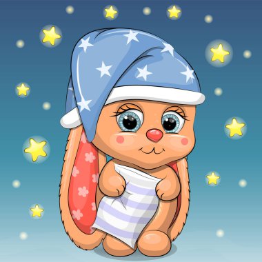 Yastıklı, gece şapkalı şirin yavru tavşan. Koyu mavi arka planda yıldızlı bir hayvanın vektör çizimi.