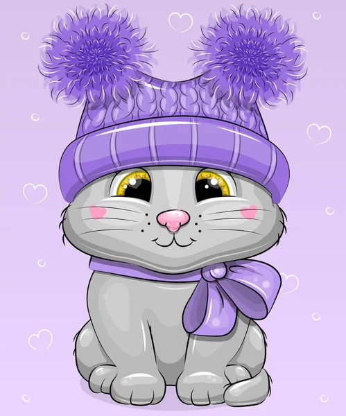 Lindo Gato Dibujos Animados Sombrero Invierno Púrpura Ilustración Vectorial Del — Vector de stock