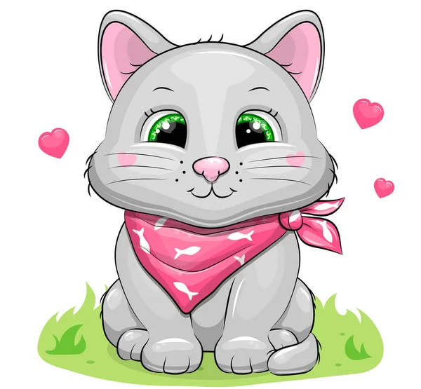 ピンクのスカーフでかわいい漫画子猫 白に隔離された動物のベクトル図 — ストックベクタ