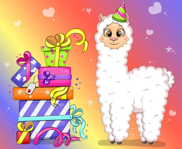 Lindo Cumpleaños Llama Ilustración Vectorial Animales Con Regalos Sobre Fondo — Vector de stock