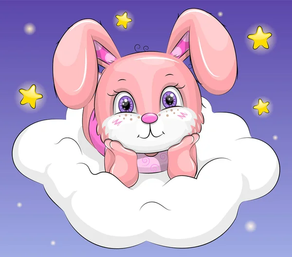 Lindo Conejo Bebé Dibujos Animados Nube Blanca Ilustración Vectorial Nocturna — Vector de stock