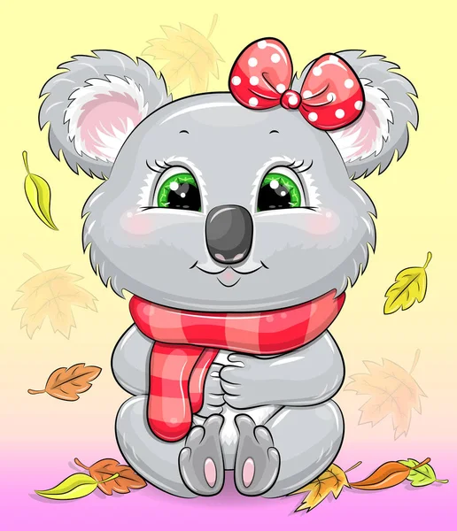 Lindo Koala Bebé Dibujos Animados Con Bufanda Roja Lazo Otoño — Vector de stock