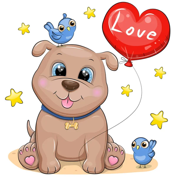 Leuke Cartoon Puppy Met Rode Ballon Blauwe Vogels Vector Illustratie — Stockvector