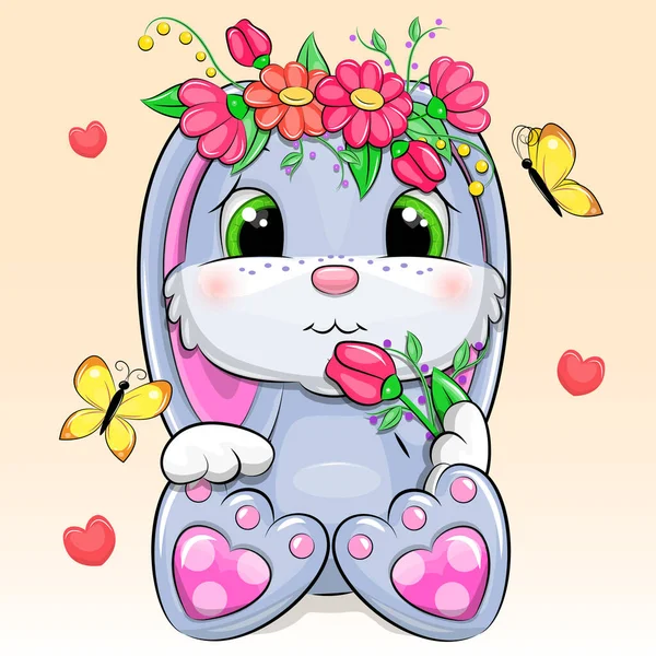 Mignon Lapin Dessin Animé Avec Des Fleurs Des Papillons Illustration — Image vectorielle