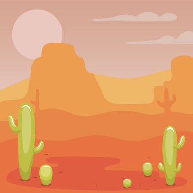 Kaktüslü ve dağlı karikatür çöl manzarası. Vahşi batı vektör illüstrasyonu. Sıcak çöl doğası. Güneş ve kum ile birlikte..