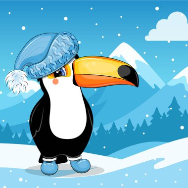 Kışın mavi şapkalı şirin bir Toucan çizgi filmi. Hayvanlar, karlı dağlar ve düşen karlar ile vektör ilüstrasyonu manzarası.