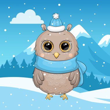 Kışın şapkası ve atkısı olan sevimli çizgi film baykuşu. Hayvanlar, karlı dağlar ve düşen karlar ile vektör ilüstrasyonu manzarası.