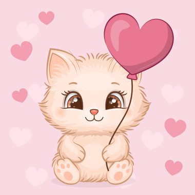 Kalp şeklinde balonu olan sevimli çizgi film kedisi. Pembe arka planda kalbi olan bir hayvanın vektör çizimi.