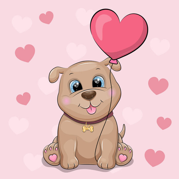 Симпатичный мультяшный щенок с шаром в форме сердца. Векторная иллюстрация животного на розовом фоне с сердцем.