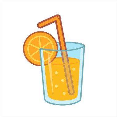 Kawaii Portakal İçeceği. Saman ve portakal dilimli bir bardak portakal suyunun vektör çizimi. Çizgi film tarzında taze narenciye, beyaz arka planda yaz kokteyli..