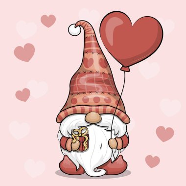 Kalp şeklinde balonu ve hediyesi olan sevimli çizgi film cücesi. Kırmızı kalpli, pembe arka planda küçük bir adamın vektör çizimi.
