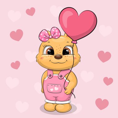 Kalp şeklinde balonu olan sevimli çizgi film Ayıcık Kız. Pembe arka planda kalbi olan bir hayvanın vektör çizimi.