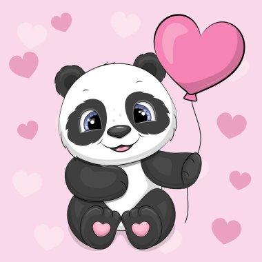 Kalp şeklinde balonu olan şirin bir panda çizgi filmi. Pembe arka planda kalbi olan bir hayvanın vektör çizimi.