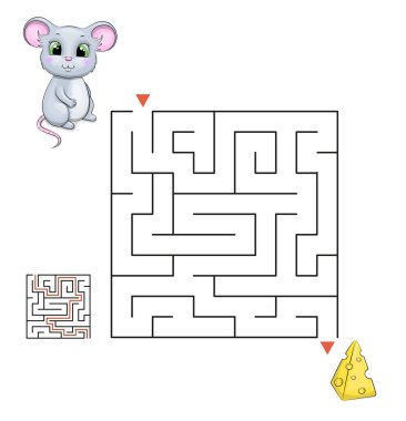 Fare ve peynirli çocuklar için şirin bir labirent oyunu. Küçük sıçan peynire ulaşmak için bir yol arıyor. Beyaz arkaplanda vektör illüstrasyonu.