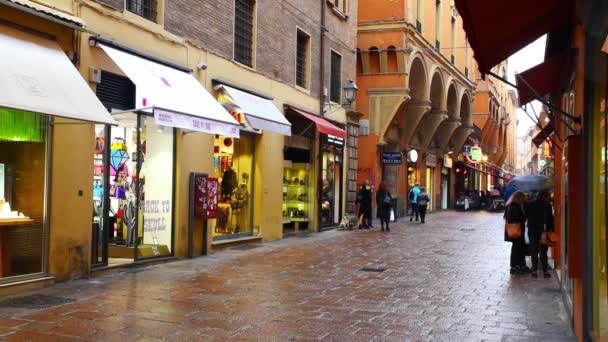 Bologna Włochy Października 2018 Ulica Sklepów Pobliżu Plac Maggiore Brudne — Wideo stockowe