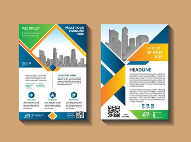 İş vektör kümesi. Broşür şablonu düzeni, kapak tasarımı faaliyet raporu, halkla ilişkiler, iş, teknik parlak arka plan üzerinde renkli geometrik şekillerle A4 broşürü. Soyut yaratıcı tasarım.