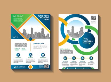 İş vektör kümesi. Broşür şablonu düzeni, kapak tasarımı faaliyet raporu, halkla ilişkiler, iş, teknik parlak arka plan üzerinde renkli geometrik şekillerle A4 broşürü. Soyut yaratıcı tasarım.