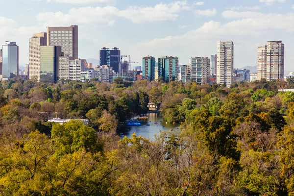 Skyline of Mexico City, Mexico with Lake Chapultepec in the foreground