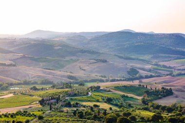 Görünüm Tuscan alan Sunset yakınında Montepulciano, İtalya