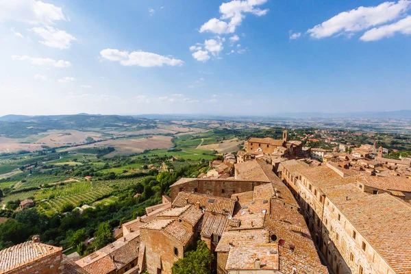 Aerial View Town Montepulciano Italy Surrounded Fields Hills — Stock Photo, Image