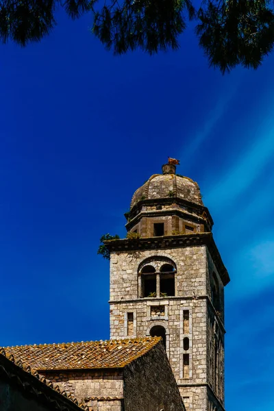 表示タルクイーニア イタリアの町の聖フランシス コベントのタワーの — ストック写真