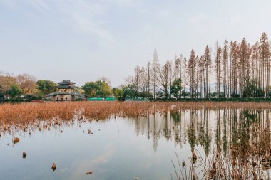 Hangzhou, Çin Batı Gölü yakınındaki su üzerinde Çince pavyonlar ve taş köprü
