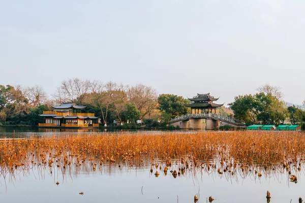 Padiglioni Cinesi Ponte Pietra Sull Acqua Vicino Lago Ovest Hangzhou — Foto Stock