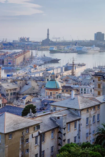 Utsikt Över Stadens Historiska Centrum Och Hamnen Genua Skymningen Genua — Stockfoto