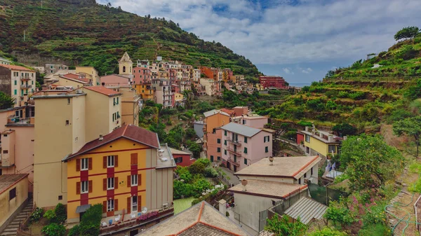 View of houses on hills in the village of Manarola, Cinque Terre, Italy