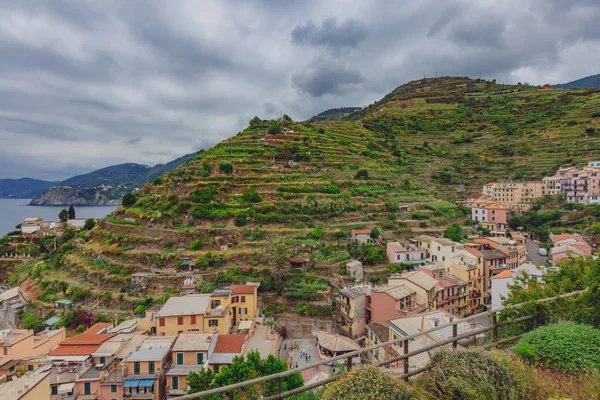 View of houses on hills in the village of Manarola, Cinque Terre, Italy