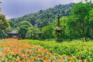 Pagodadan ağaçlar ve giriş kapısı Yongfu Tapınağı, Hangzhou, Çin'in arasında