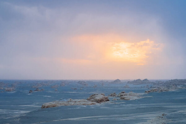 Yardang rocks in gobi desert under sunset in Dunhuang Yardang National Geopark, Gansu, northwest China
