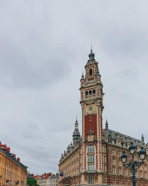 View of the bell tower of the Chamber of Commerce building in downtown Lille, France