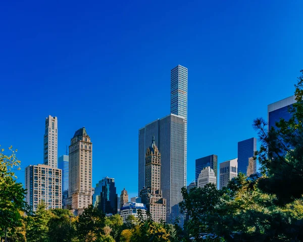 Binalar ve gökdelenler, ağaçlar, Central Park, New York City, ABD görüntülendi yukarıda Manhattan şehir merkezinin görünümü