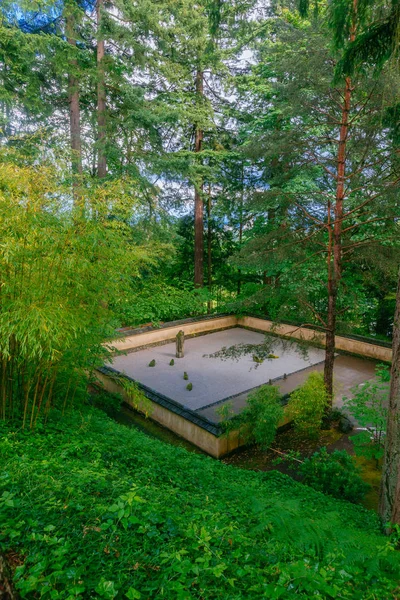 Vista Jardim Areia Pedra Entre Árvores Portland Japanese Garden Portland — Fotografia de Stock