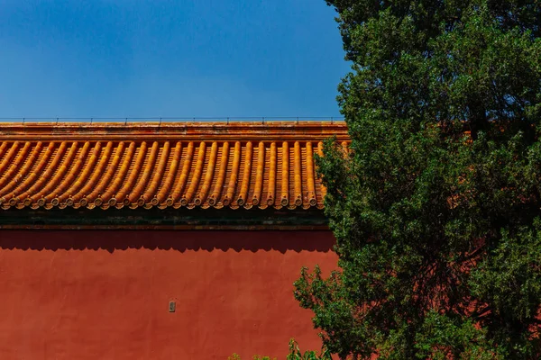 中国传统建筑的景观与红墙和黄色屋顶瓦片 在紫禁城 在蓝天下的树 在北京 — 图库照片