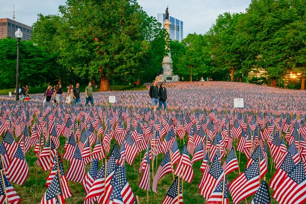 stock image Boston, USA - May 27, 2016: View of thousands of US flags planted in Boston Common, to commemorate fallen soldiers in wars, during Memorial Day weekend