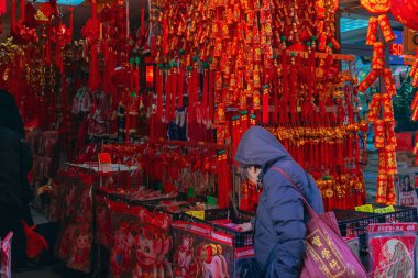 New York City, Amerika Birleşik Devletleri - 11 Ocak 2019: domuz yılı Çin ay yeni yıl yaklaşıyor gibi bir müşteri için Çin yeni yıl süslemeleri Chinatown, bir dükkanda alışveriş