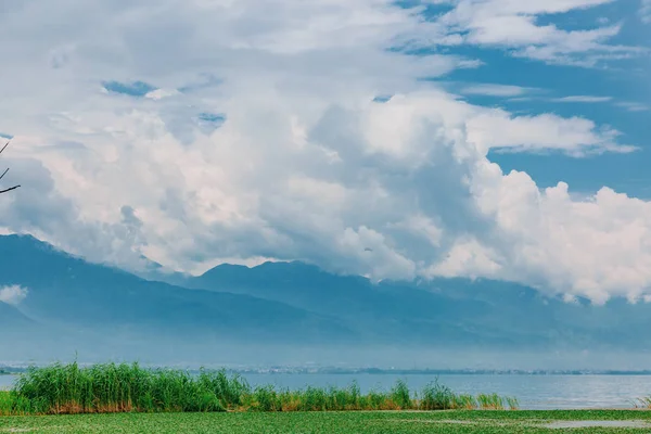 Ağaçlar ve göl Erhai, bitkilerde su mesafe, Dali, Yunnan, Çin için bulutlar kaplı dağları ile görünümü