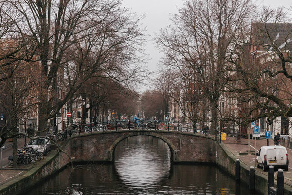 Amsterdam, the Netherlands - March 4, 2017: Canal, bridge, and buildings in downtown Amsterdam