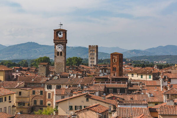 Towers over houses of historic centre of Lucca, Italy