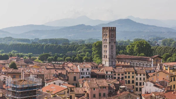 Torre y Basílica de San Frediano sobre las casas de Lucca, Toscana — Foto de Stock