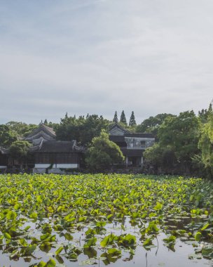 Nanxun, Zhejia lotus yaprakları ile gölet tarafından Çin mimarisi