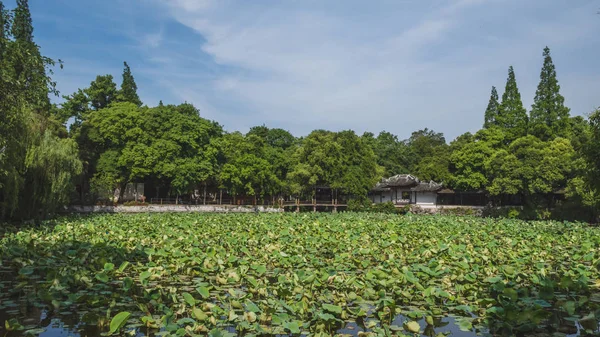 Nanxun, Zhejia lotus yaprakları ile gölet tarafından Çin mimarisi