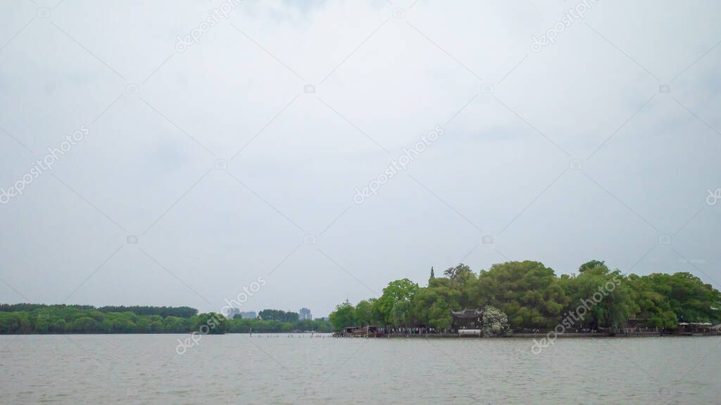 Panoramic view of South Lake and Huxin Island in South Lake scenic area in Jiaxing, China